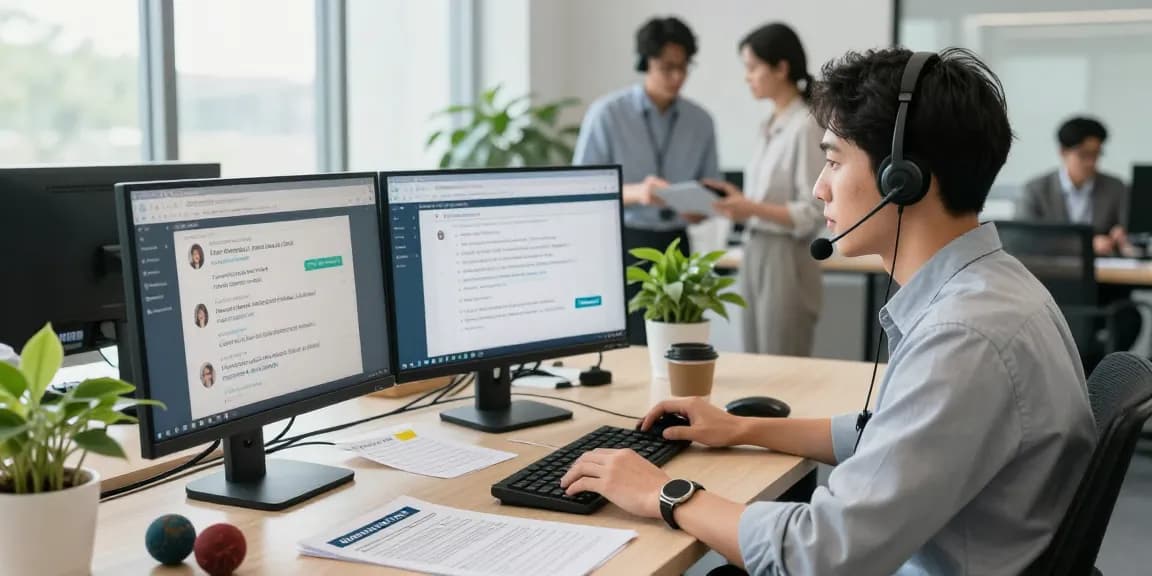 Customer service representative assisting clients at the helpdesk ling4d with multiple screens and bright office space.