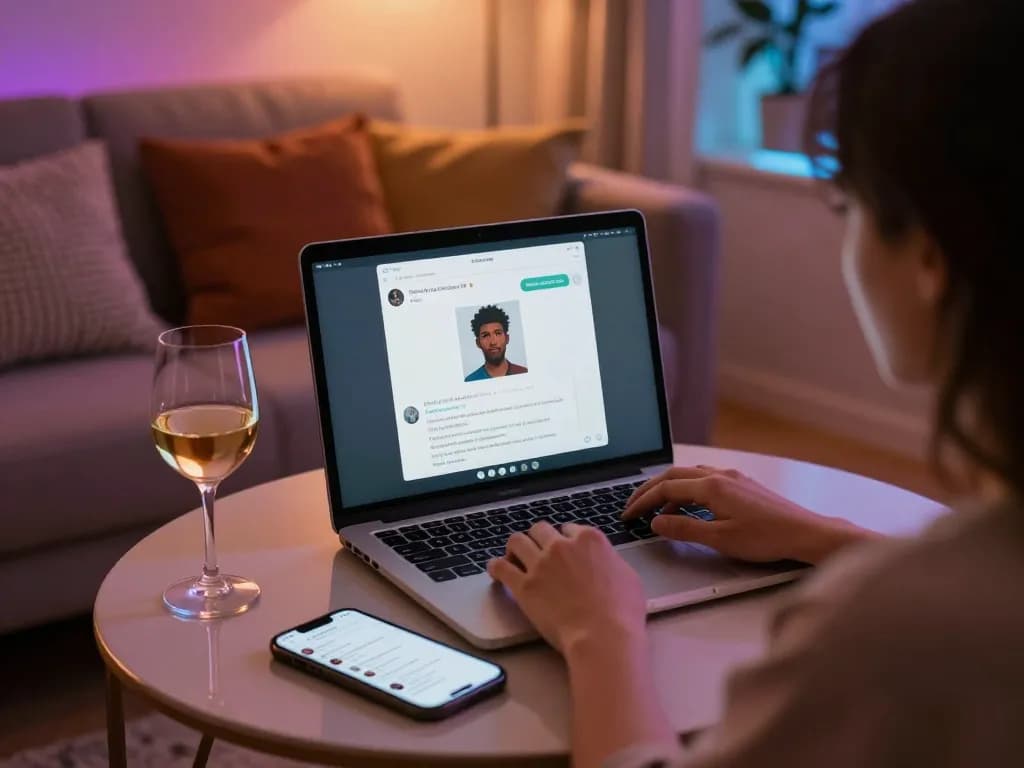 Experience NSFW AI chat in a cozy setting with a laptop, wine, and warm lighting.