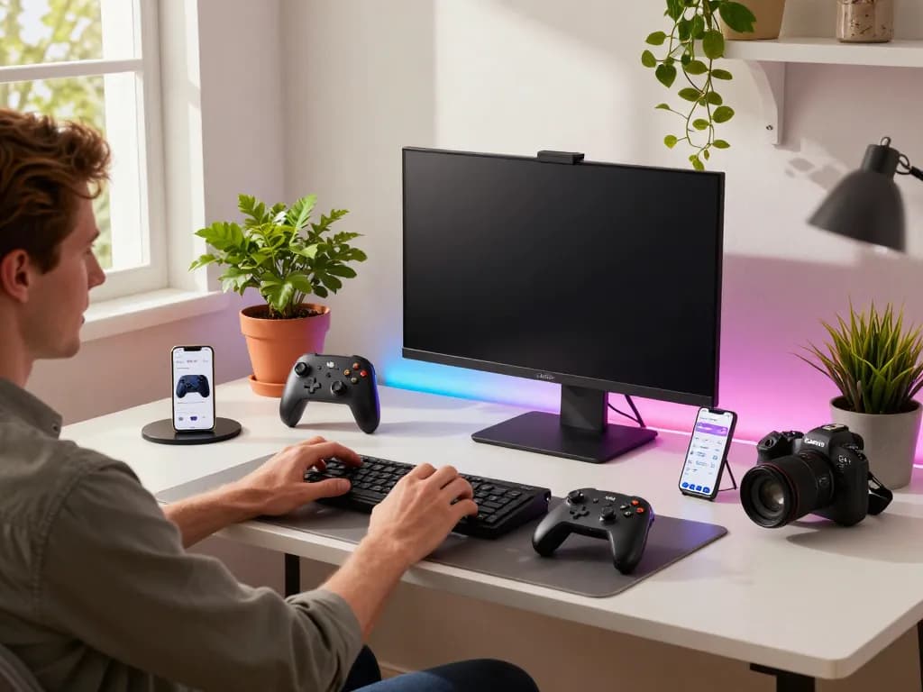 Engaging workspace showcasing affordable tech gadgets like Bluetooth devices in a bright, inviting environment.