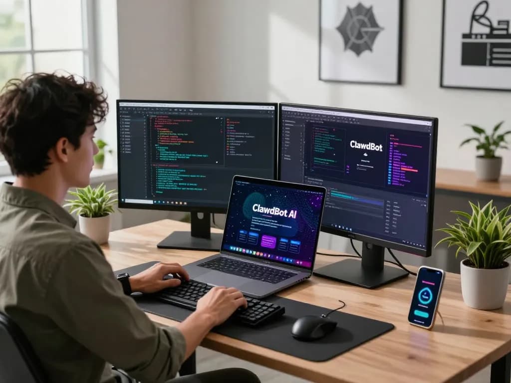 ClawdBot mac setup for AI automation in a modern workspace with dual monitors and coding tools.