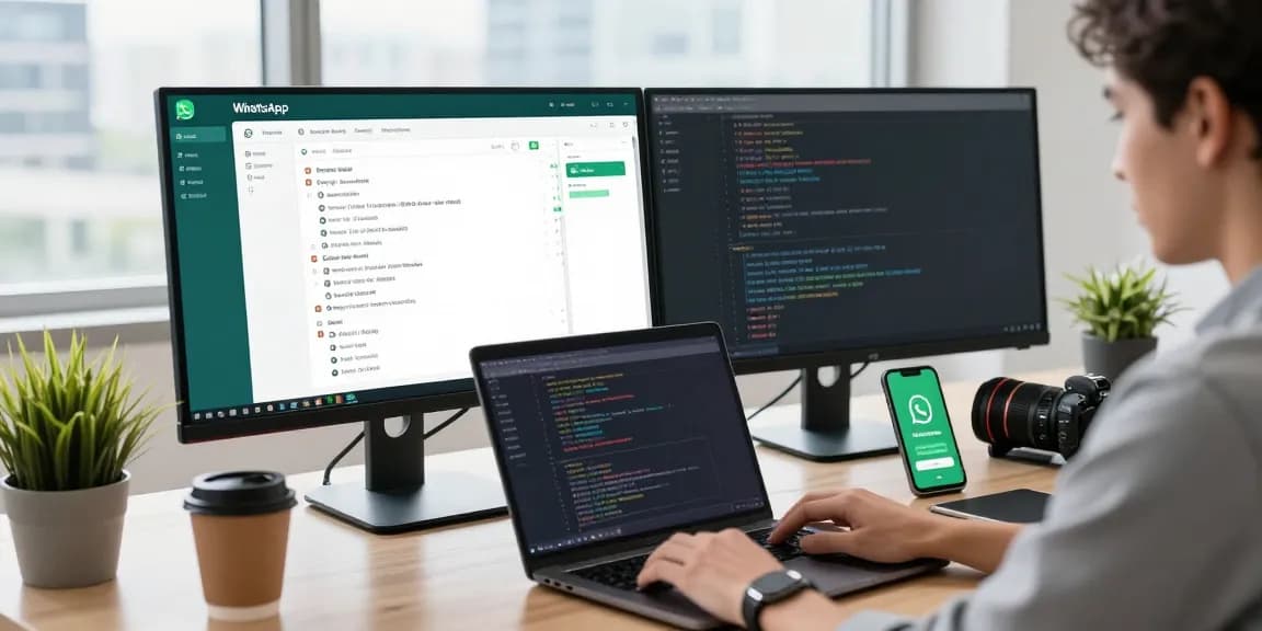 A user interacting with WhatsApp網頁版 on desktop and laptop in a modern office setup.