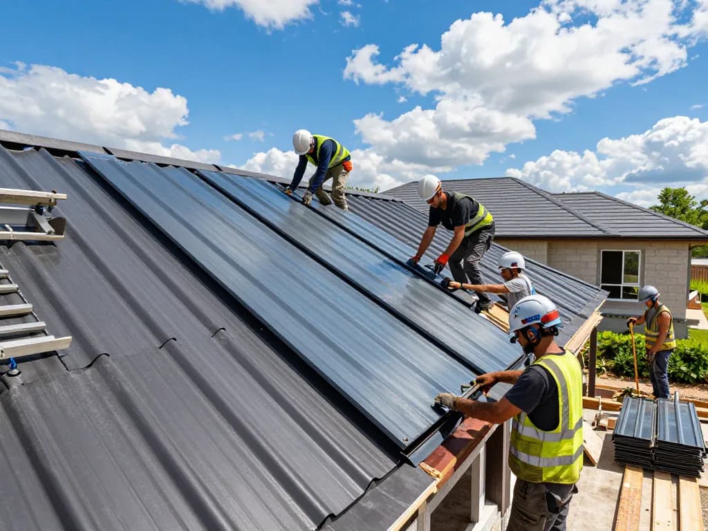 After the installation of หลังคาสแนปล็อค by skilled workers, showcasing high-quality metal roofing.