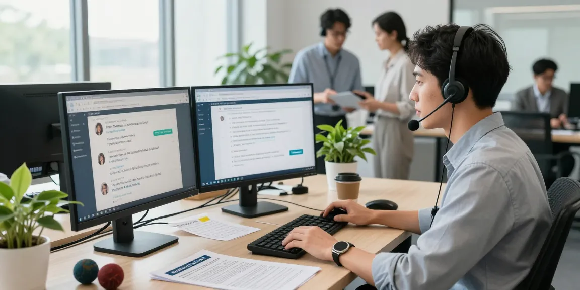 Customer service representative assisting clients at the helpdesk ling4d with multiple screens and bright office space.