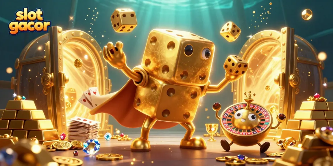 Permainan slot gacor yang menampilkan dadu emas dan elemen kasino yang menawan.