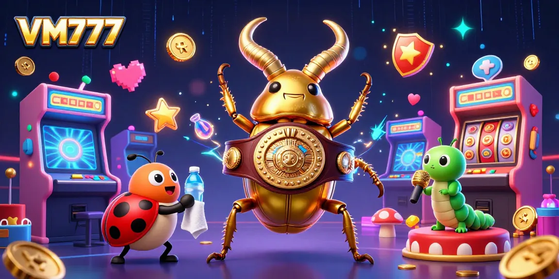 Experience thrilling gameplay with VM777 in this vibrant 3D digital casino scene filled with dynamic gaming elements.