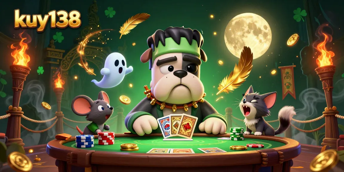 kuy138 menampilkan bulldog Frankenstein yang sedang membagikan kartu di meja kasino dengan efek atmosferik yang menyeramkan.