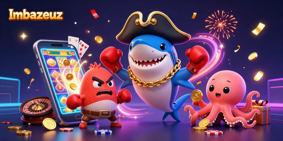Imbazeuz menampilkan hiu kartun 3D dengan teman-teman di acara kasino slot menarik.