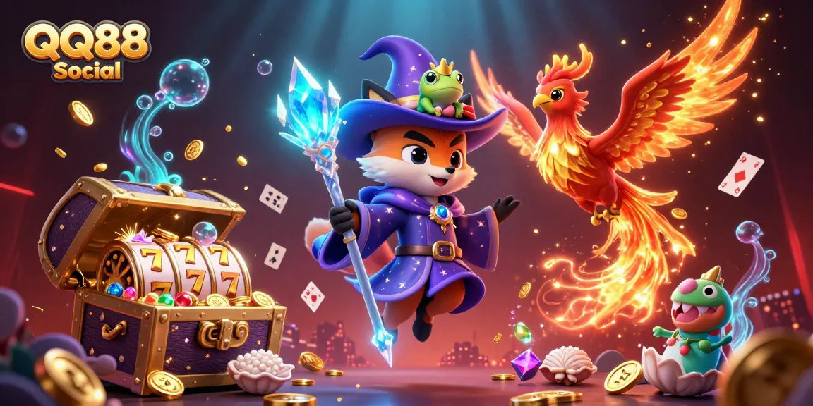 Engage with QQ88 Social through an enchanting illustration of vibrant casino elements and lively characters.
