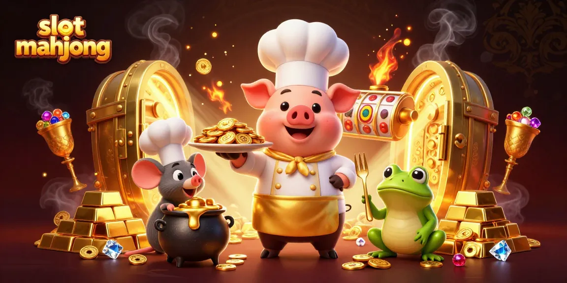 Experience the excitement of slot mahjong with a cartoon chef pig serving golden coins in a lively casino scene.
