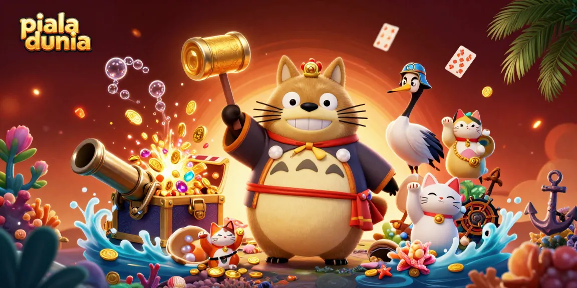 Taruhan piala dunia dengan karakter tanuki dan kucing keberuntungan di latar belakang berkilau.
