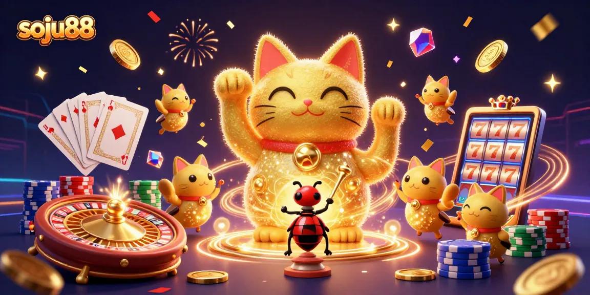 Experience vibrant gambling excitement with the soju88 lucky cat illustration, showcasing dynamic casino symbols.