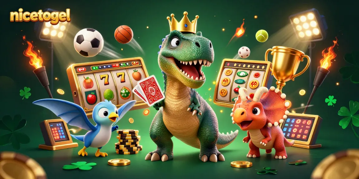 Play at Nicetogel, where a T-Rex shuffles cards among slot machines and sports elements.
