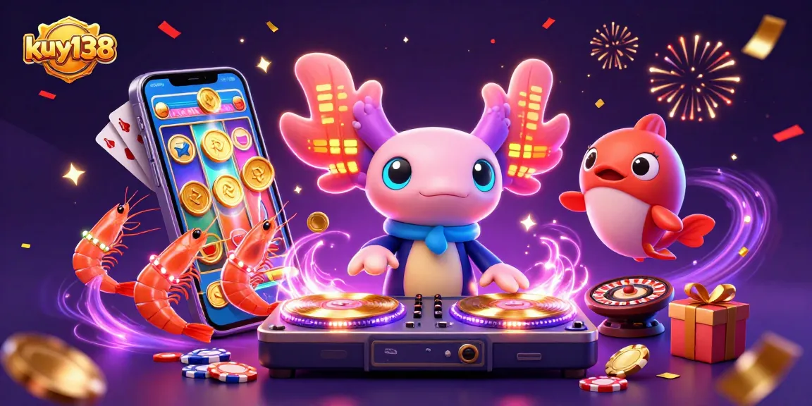 在kuy138中赢得胜利的彩色老虎机游戏，旁边有活泼的海洋角色和派对氛围。