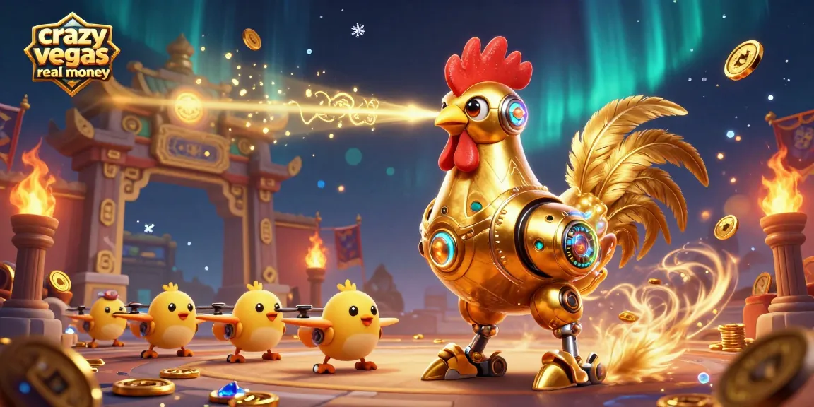 Experience crazy vegas real money with a dynamic scene of a golden rooster robot and playful drones amidst casino excitement.