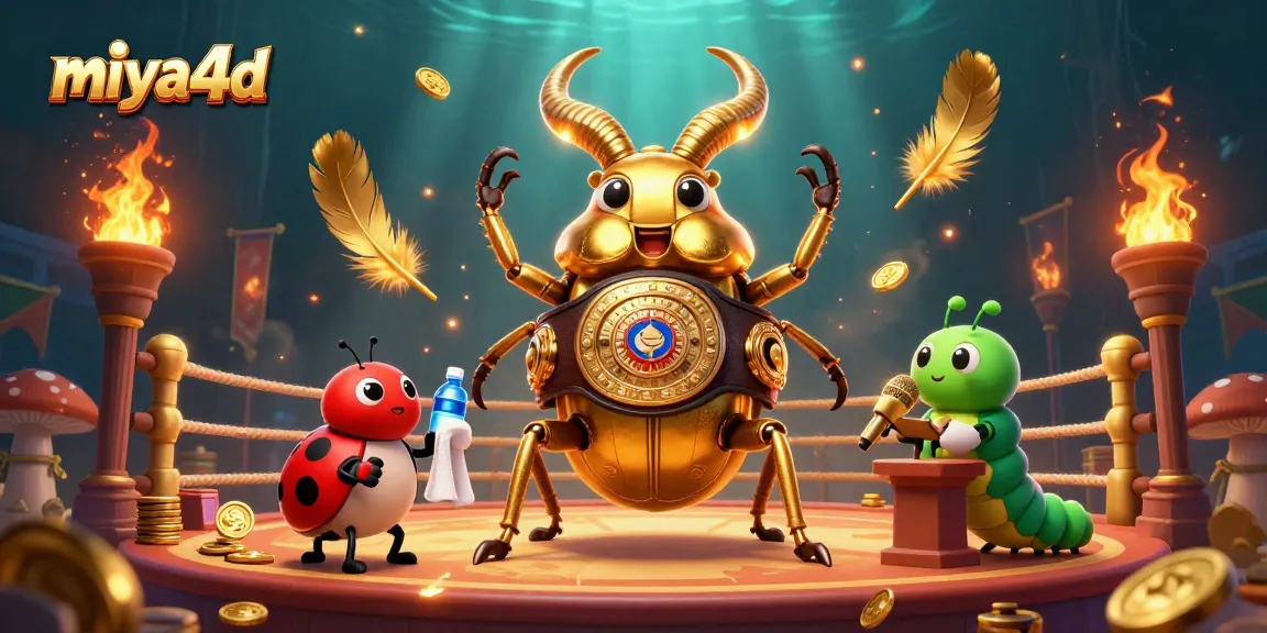 Miya4d highlights thrilling casino action with giant beetle champions, gaming tokens, and dynamic scenery.