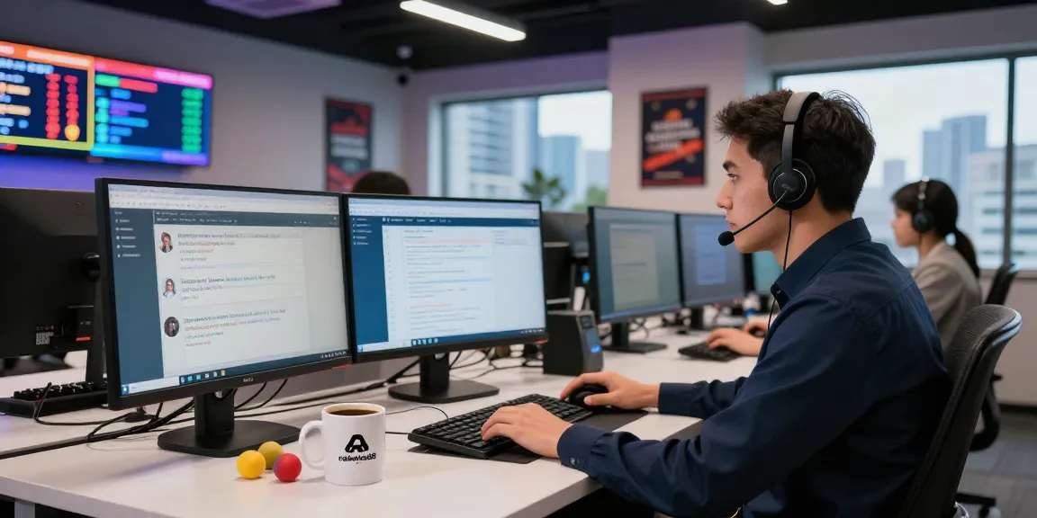 Support team at rajaberas88 helpdesk providing fast assistance in a modern environment.