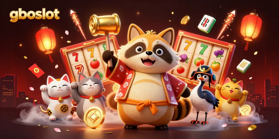 Visualisasi menarik tentang gboslot dengan karakter tanuki, crane, dan kucing keberuntungan di dunia perjudian