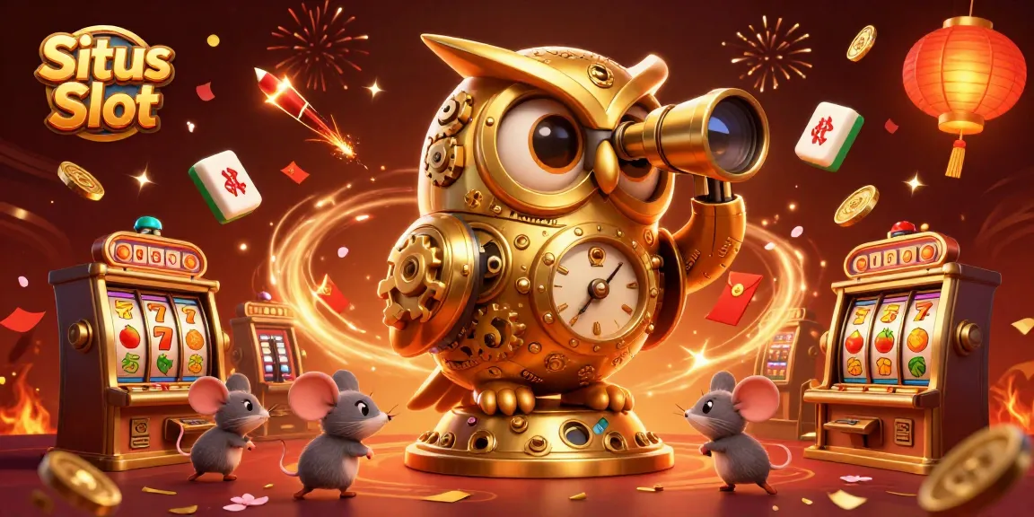 Situs Slot showcases vibrant casino action with a golden owl and tiny patrons among dynamic slot machines.